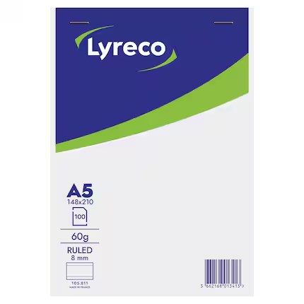 Lyreco schrijfblok, A5, gelijnd, geniet (100 vellen)